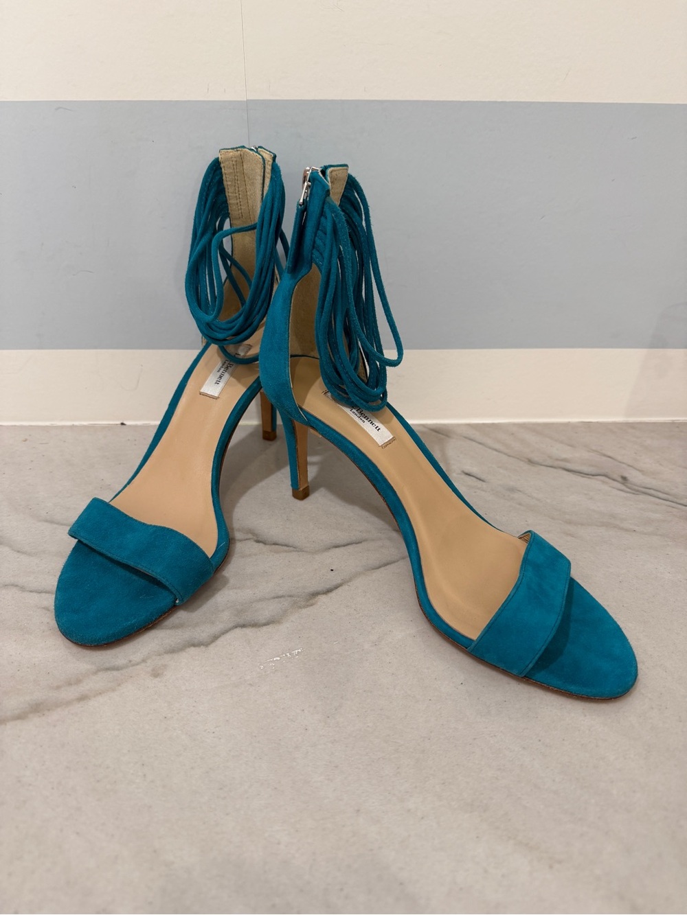 LK Bennett Teal Suede Ankle Wrap Heels Made in Spain 40 (US 8.5/9) NWOT